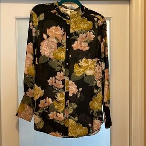 Multicolored Mandarin Collar Long Sleeve Button Down Blouse